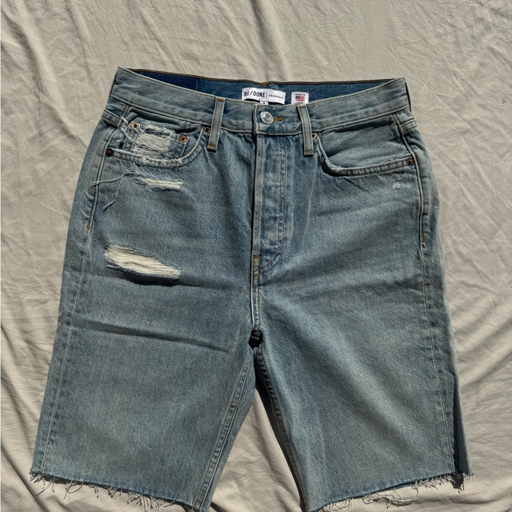 Re/Done Distressed Denim Knee Length Shorts
